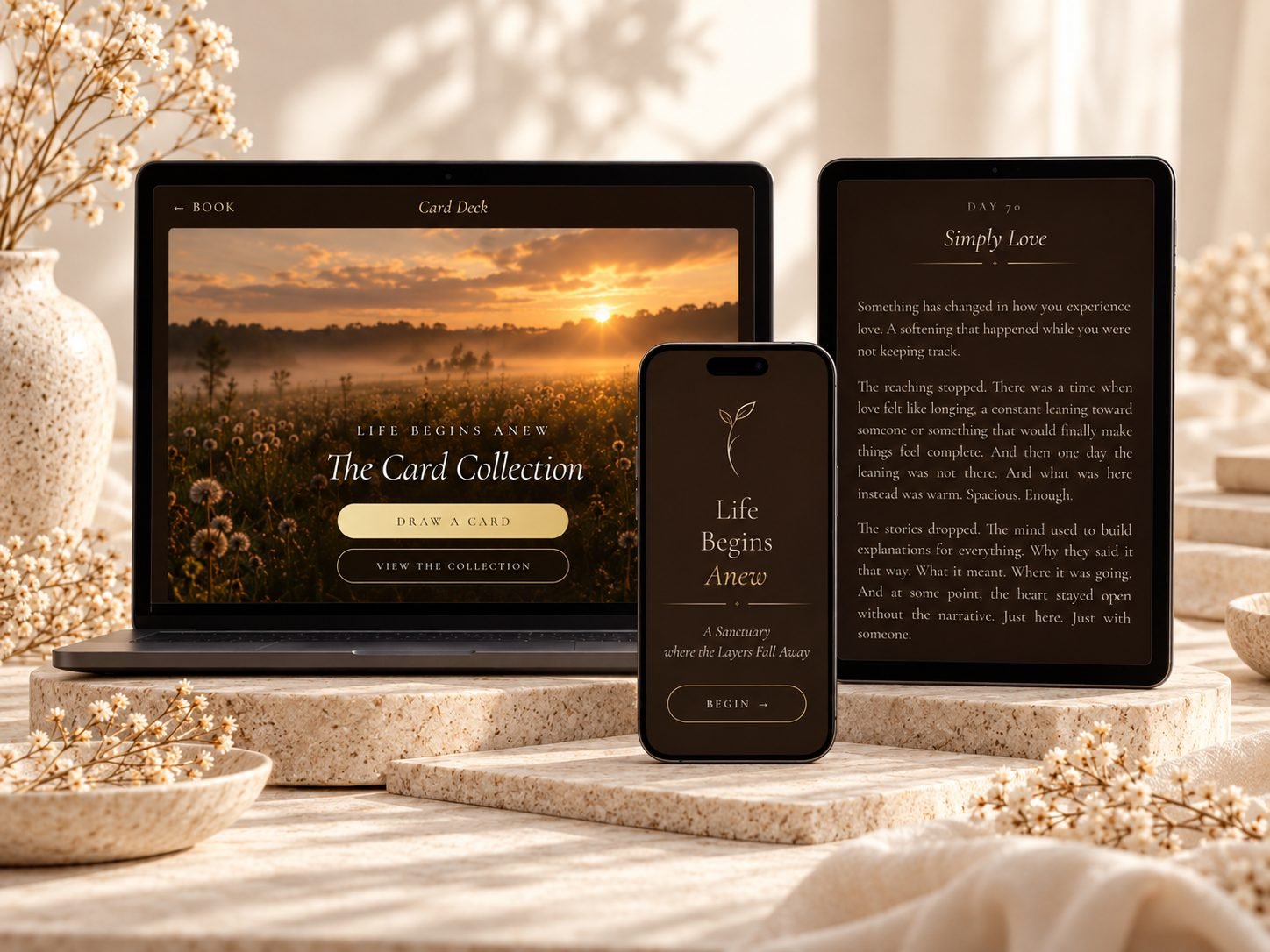 The Sanctuary open on a phone and tablet, with the cards and audio journeys